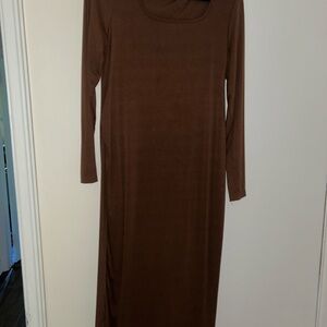 Brown Cowl Neck Long Sleeve Sheath Dress